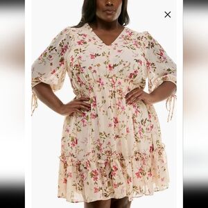Taylor Beige Pink Floral 3/4 Sleeve Ruffle Hem Mini Dress Women's Plus Size 22W
